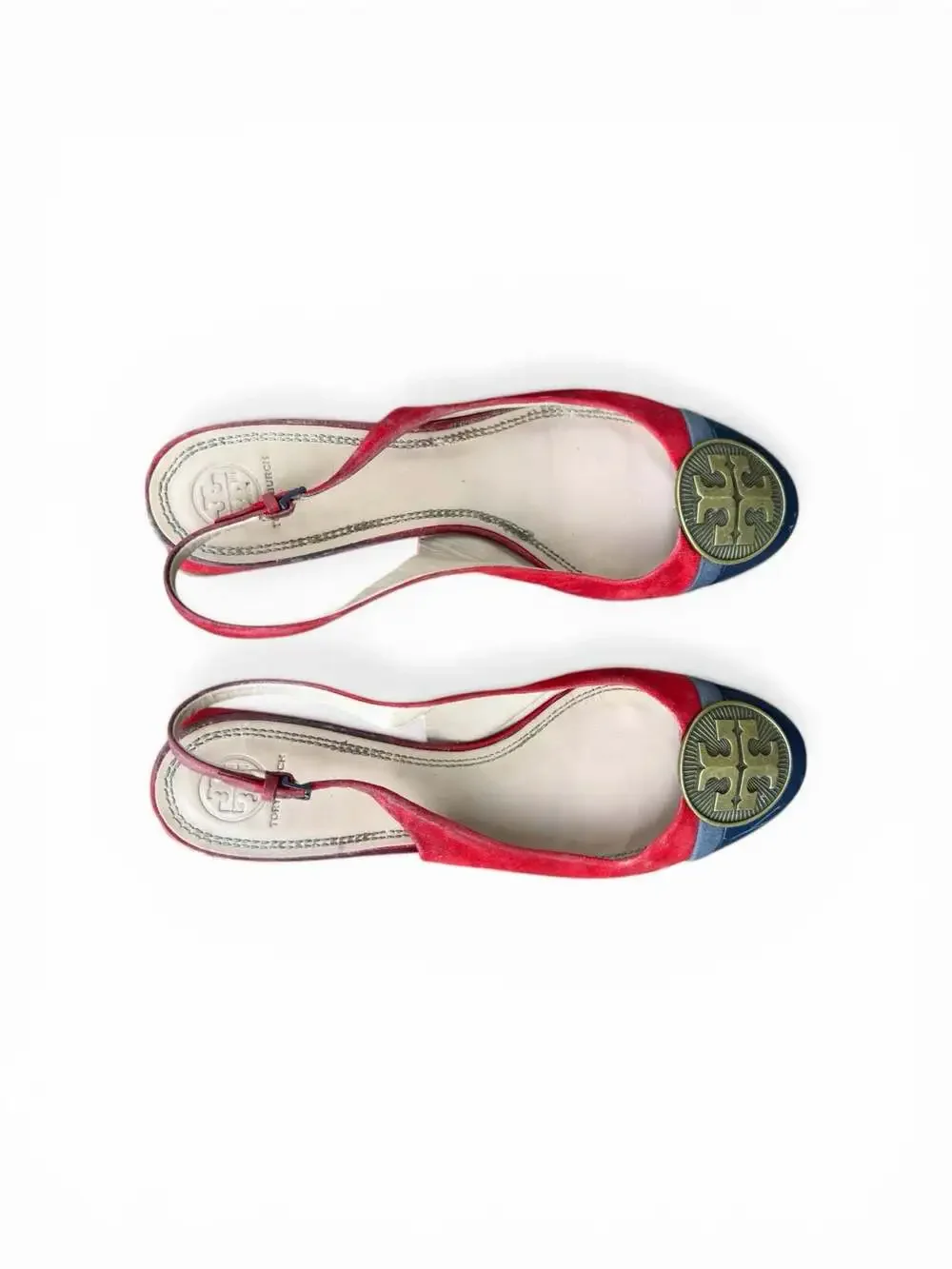 Tory Burch Alastair Slingback Flats Red Suede Navy Patent Cap Toe - Picture 3 of 5